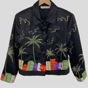 Vintage Tunique Black Colorful Metallic Embroidered City Palm Tree Jacket